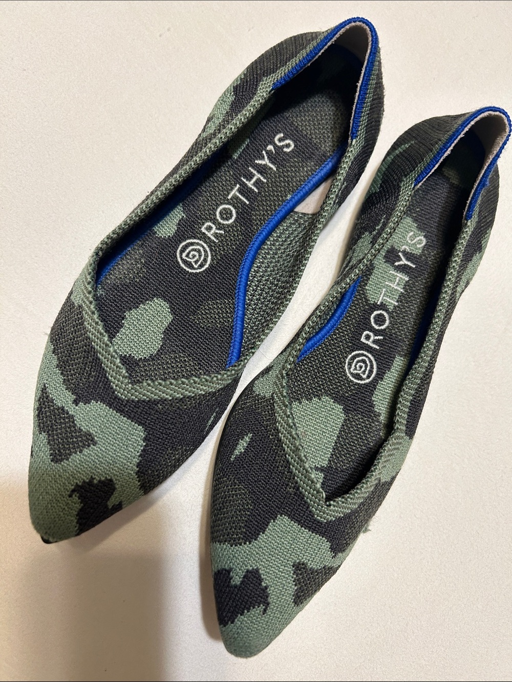 Rothy's Green Camo Pointed Knit Flat with Blue Trim